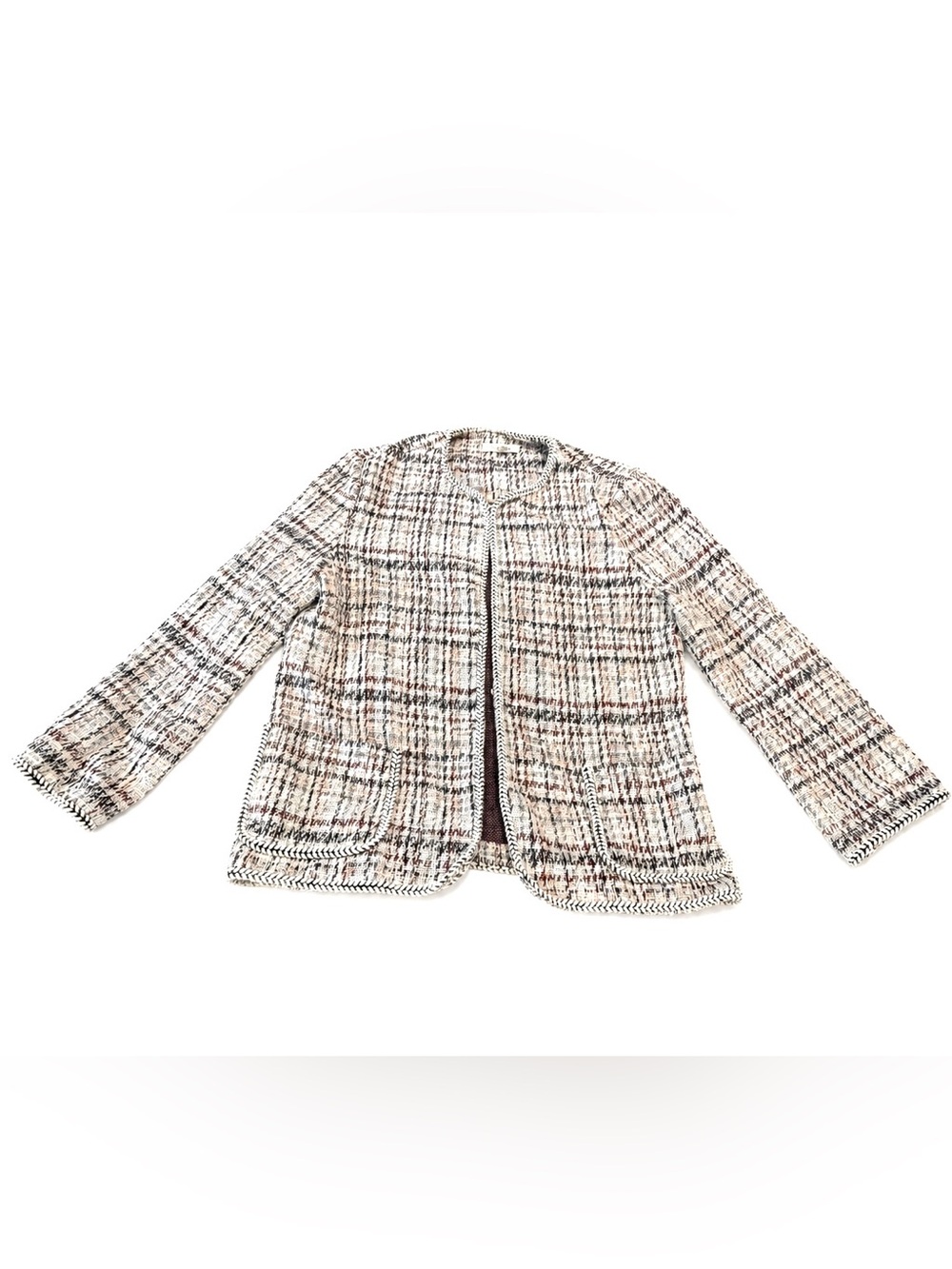 Women’s Tweed Open-Front Jacket in Cream Plaid- XS